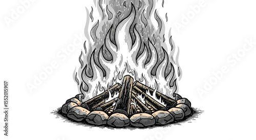 Vintage monochrome campfire illustration with rocks and wood logs vector isolated