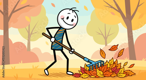 Whimsical Cartoon Depiction of a Stick Figure Raking Leaves in Autumn Season