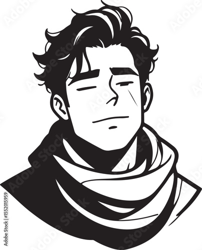 Artistic vector illustration depicting the portrait of a handsome man with closed eyes and a scarf in a minimalist manga style.