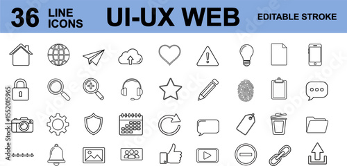 Essential UI/UX Web and App Icons. including home, upload, cloud, search, calendar, gear, lock, chat, image, video, trash bin, and more. modern line icons designed for web and mobile interface design