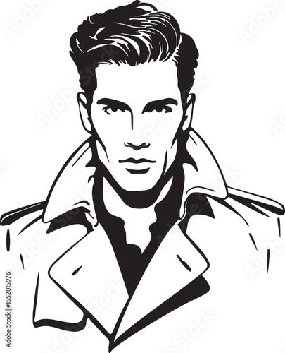 Elegant black and white illustration of a handsome man wearing a stylish trench coat and showcasing a classic retro hairstyle