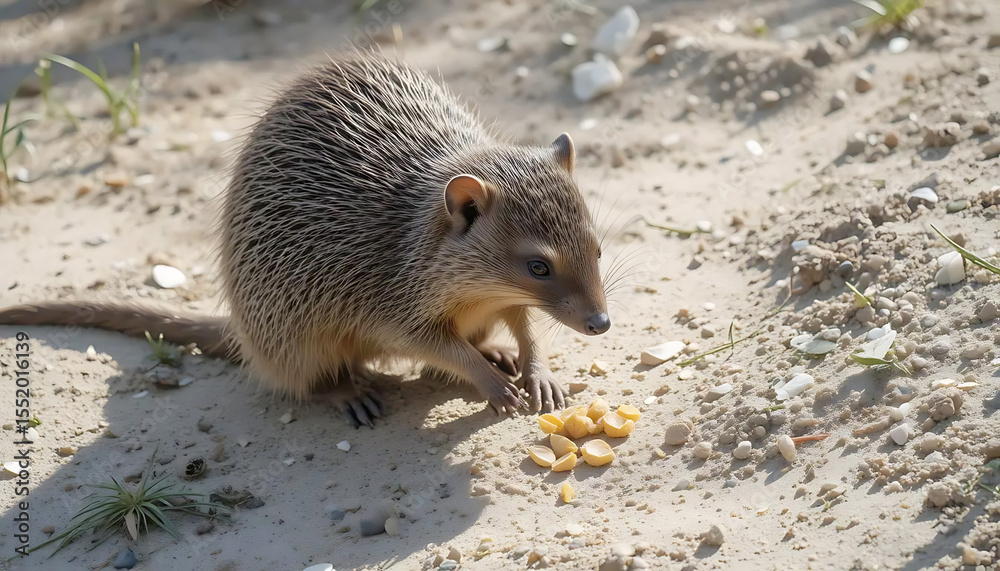 Obraz premium Banded Mongoose Eating Corn on Sandy Ground with Pebbles and Sparse Grass, Natural Behavior in Wild Habitat
