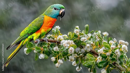 A colorful parakeet, possibly a Sun Conure, perched on a branch with white flowers. Tropical bird in its natural habitat