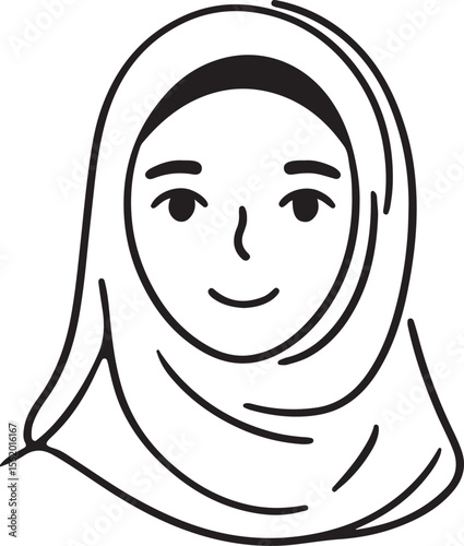 Simple line art illustration of a smiling woman wearing a hijab representing modesty and faith in a minimalist design