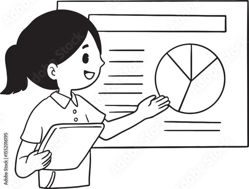 A person presenting data with a pie chart and text on a screen, ideal for business, education, or financial themes. This image signifies analysis, reporting, and effective communication.