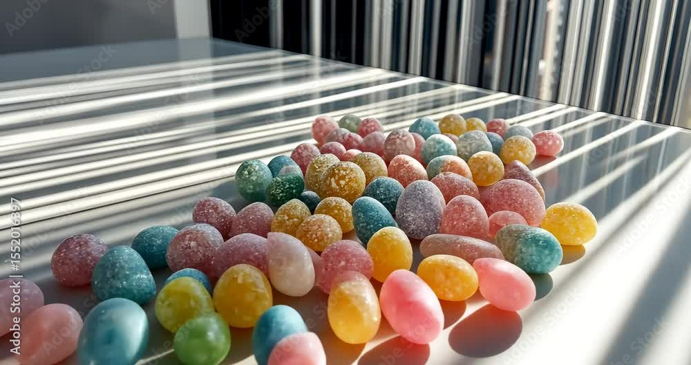 Colorful gummy candies on a white table with striped shadows, creating a vibrant and tempting visual.