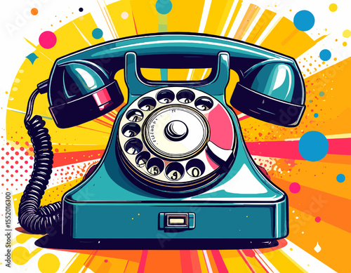 Retro Rotary Telephone on Abstract Radial Background with Turquoise Body and Bursting Colors in a Vintage Style