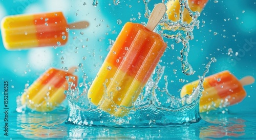 Bright orange and yellow popsicles splash into the vibrant blue water capturing summer perfectly