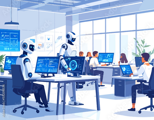 Robots Assisting Human Workers in a Bright Open Office with Modern Computers and Data Displays Under Fluorescent Lighting in White and Blue Palette