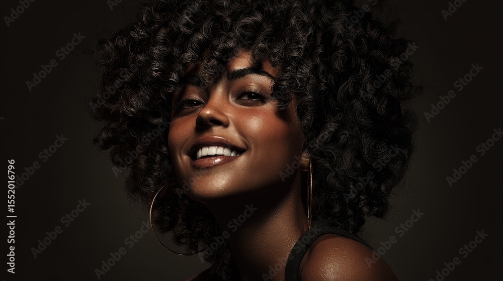 Fototapeta premium Short coiffure - curly hair. Stunning smiling black girl - for ads, marketing material and social platforms use. Commercial digital ads creative. African american woman portraiture.