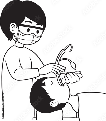 A dentist performing an oral examination or procedure on a patient. This image is suitable for themes of dental care, oral health, hygiene, and professional dental services.