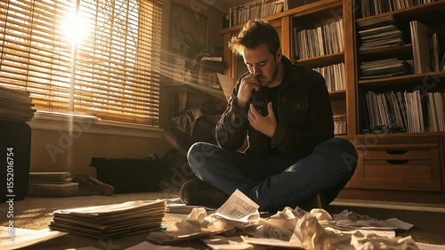 Overwhelmed man or student experiencing writer's block and stress, sitting on floor surrounded by books and crumpled paper