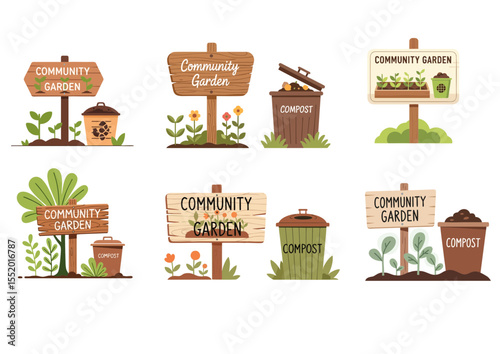 Flat vector illustration of community garden sign with sprouting plants and compost bin, symbolizing sustainable gardening