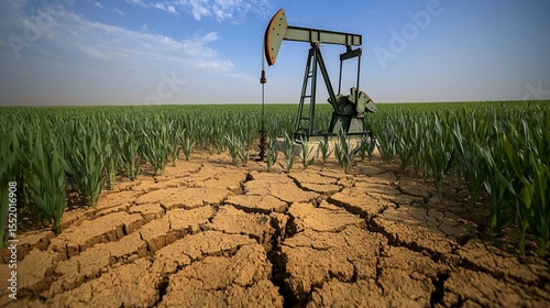 A cracked and dry desert landscape with idle oil pump jacks, contrasting with lush green fields with active, efficient wells, representing production cost dynamics and their impact on market