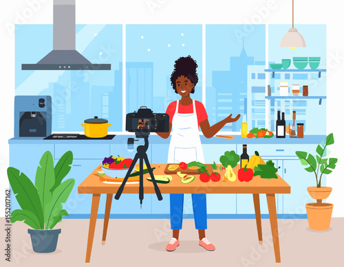 Smiling African American Woman Vlogging Cooking In Bright Modern Kitchen with Vegetables on Wooden Table Camera on Tripod and Cityscape View