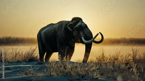 Majestic woolly mammoth in a snowy prehistoric landscape at sunset. Epic Ice Age concept with an extinct ancient animal