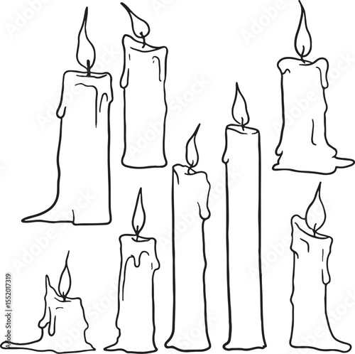 A set of hand-drawn burning candles with dripping wax, conveying a warm, cozy, or mystical ambiance. Perfect for themes of relaxation, magic, spirituality, or Halloween.