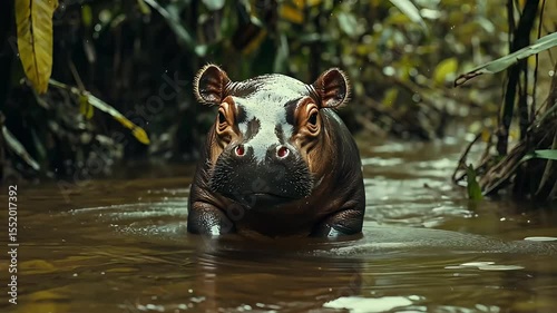  A large hippopotamus submerged in muddy river water, with its head and eyes above the surface in its natural habitat