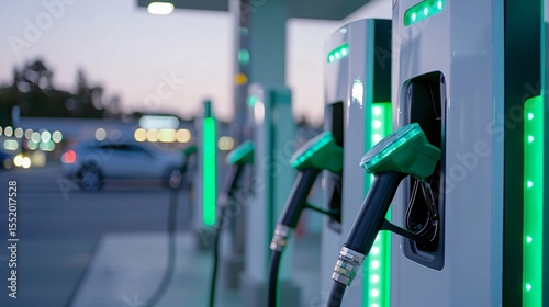 Empty car charging stations adjacent to a bustling gasoline pump island, depicting the evolving transportation landscape and its gradual, yet significant, impact on oil demand.