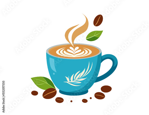 Stylized Blue Coffee Cup with Latte Art and Coffee Beans Scattered around on White Background