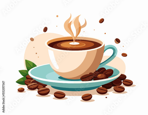 Stylized Pixel Art Coffee Cup with Steam Surrounded by Beans and Mint Leaves on a White Background