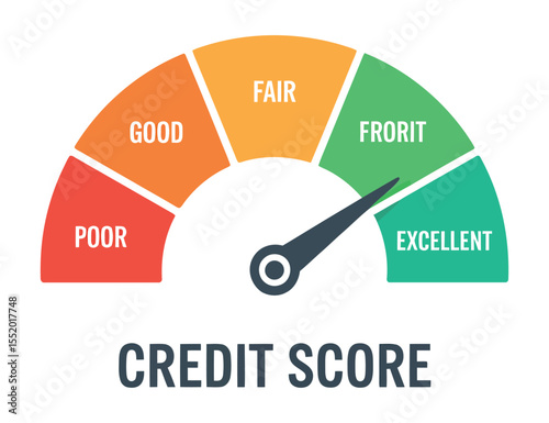 Credit Score Gauge with Poor Fair Good Excellent Ratings colorful credit score gauge showing levels from poor excellent credit score credit rating financial