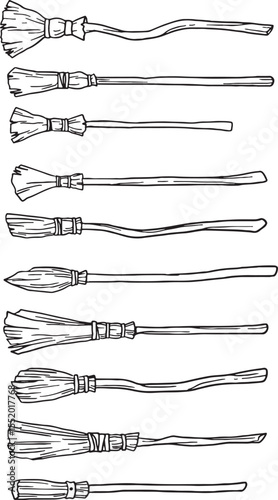 Collection of hand-drawn witch brooms, perfect for Halloween, fantasy themes, or magical designs. Each broom offers a unique, whimsical touch for your projects.