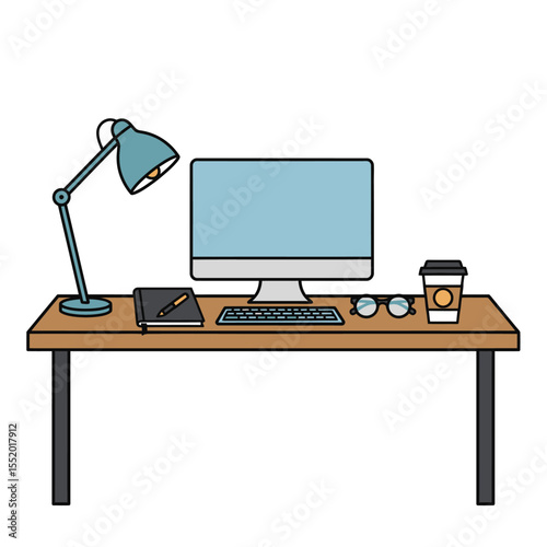Desktop computer setup with monitor, keyboard, and mouse on an office desk, showcasing modern PC technology for business and work