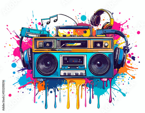 Turquoise Boombox and Black Headphones on Colorful Paint Splatters with Musical Notes on a White Background