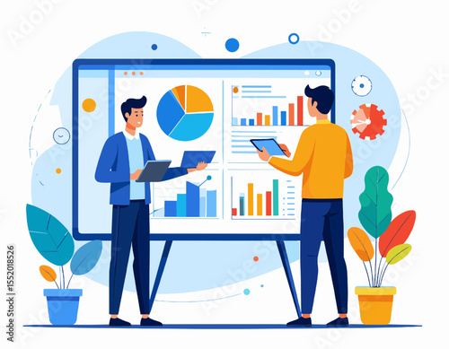 Two Men Presenting Business Data Charts and Graphs on Whiteboard with Potted Plants in Blue Accents Modern Design