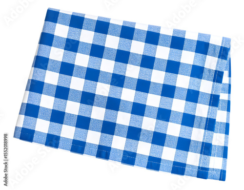 Blue and white checkered picnic tablecloth folded on a black background