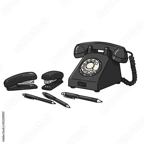 Retro black rotary dial telephone, a classic communication object, ideal for vintage and antique themes