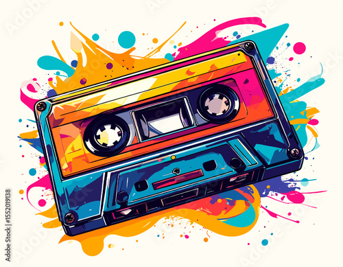 Vibrant Cassette Tape with Abstract Splashes on White Background for Retro Audio Music