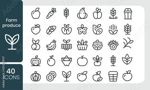 Collection of forty minimal line art icons representing fresh farm produce and fruits