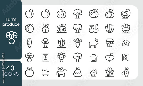 Collection of forty farm produce icons depicting various fruits vegetables and agricultural elements