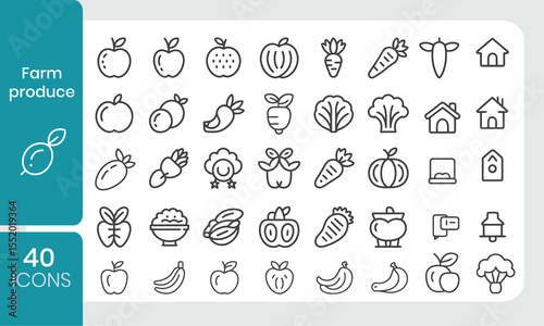 Collection of forty minimalistic outline icons of farm produce for various design applications