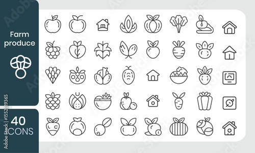 Collection of forty minimalist black line farm produce icons representing healthy fruits and vegetables
