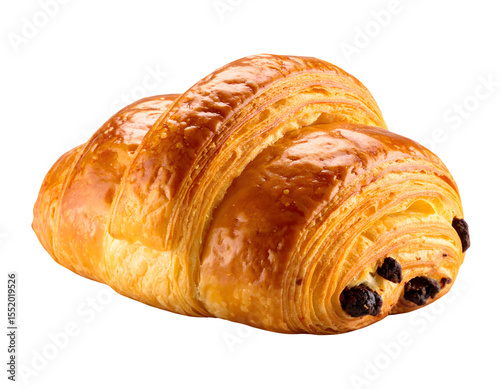Freshly baked chocolate croissant with flaky layers and dark chocolate filling
