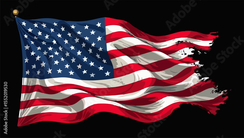 Vector design with drawing
of torn national flag of usa is fluttering in wind. 
Fashion t-shirt print. American pattern 
of stars and stripes for textiles, fabric, clothing.