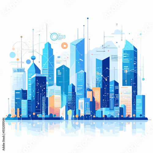 Vibrant Cityscape with Blue Skyscrapers and Geometric Accents in Urban Environment