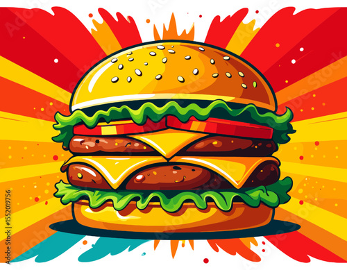 Vibrant Double Patty Pixel Art Burger with Cheese Lettuce and Tomato on Abstract Ray Background
