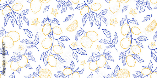 Rectangular seamless pattern with lemons, branches, leaves and flowers on white backdrop. Sketch italian style. Flat vector illustration. Mediterranean life. Perfect for cover, textile, wrapper