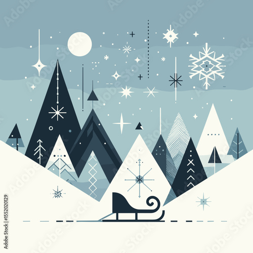 Winter landscape with snowy mountains and a sleigh against a starry night sky