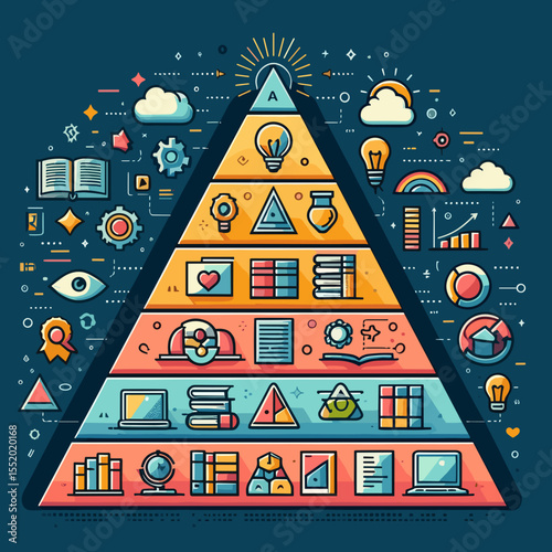 Colorful educational pyramid infographic with icons symbolizing knowledge and learning concepts