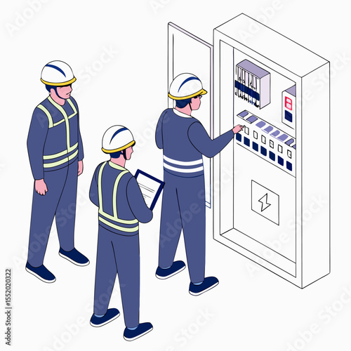 Isometric vector of engineering team learning programmable logic controller machine system for industrial automation and maintenance in factory setting.