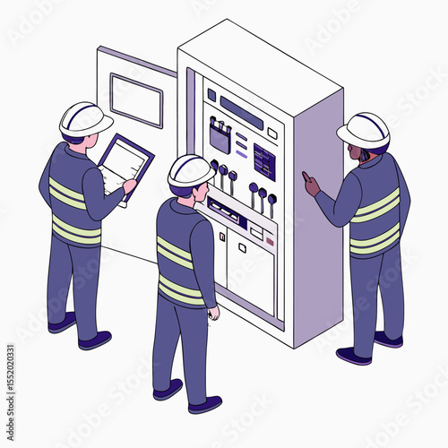 Technicians and engineers working with programmable logic controller machine box for maintenance and automation training in factory production line.