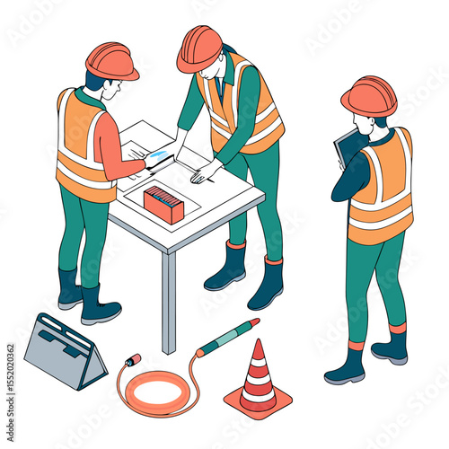 Foreman discussing work plan with electrical technicians at construction site using technical drawings and equipment layout in isometric cartoon.