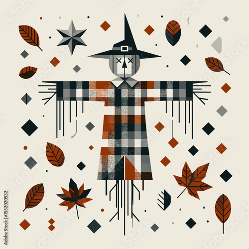 Stylized scarecrow with a hat surrounded by autumn leaves and geometric patterns