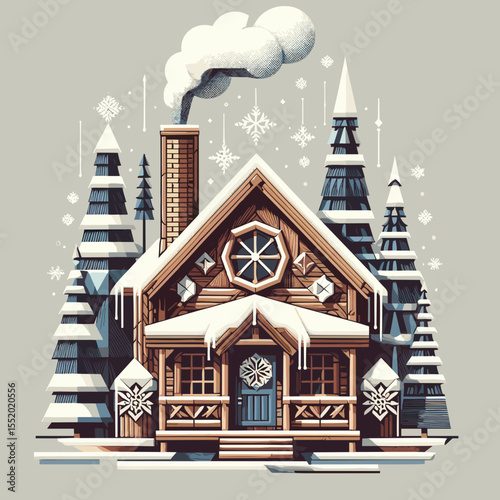 Cozy wooden cabin covered in snow surrounded by pine trees in a winter landscape