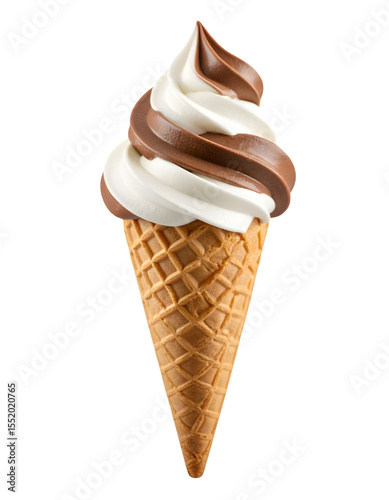 Delicious swirl of vanilla and chocolate soft serve ice cream in a waffle cone
